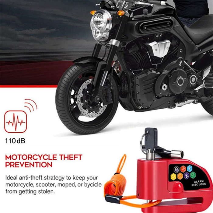 Red - ROBESBON Bicycle Disc Brake Lock 110dB Loud Alarm Anti-thief Protection Aluminum Alloy Waterpr