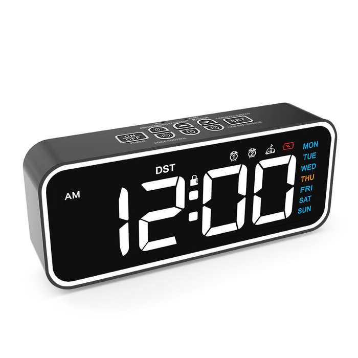 Black - Daylight Saving Time LED Digital Alarm Clock with Voice Control Smart High-Definition Mirror