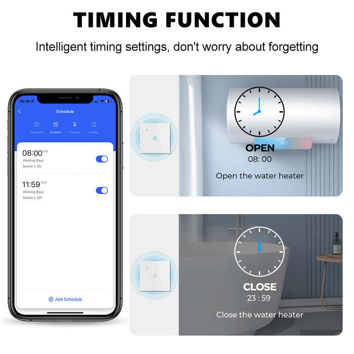 EU Plug - Tuya 40A Smart Wifi+bluetooth Water Heater Boiler Touch Switch 8000W Timer Schedule Voice