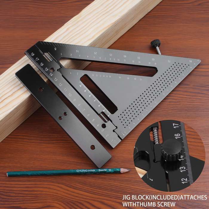 Black - Aluminum Alloy Triangular Ruler Ambidextrous Medium Point 7 Inch Square Protractor Miter Too
