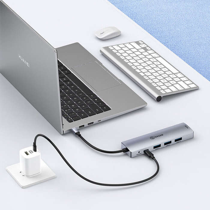 Grey - BIAZE 5-in-1 Type-C Docking Station with USB3.0 5Gbps Transmission PD100W Type-C Fast Chargin