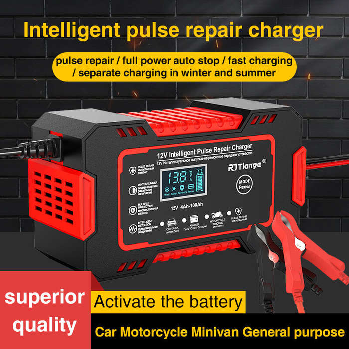 Blue - RJtianye European Standard 12V 6A Smart Pulse Repair Charger for SUV Motorcycle Charger LED S