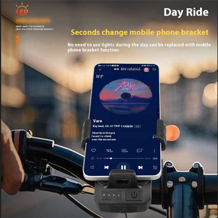 Black - BIKIGHT Bicycle Horn Headlight with Phone Holder 90 Rotation 5 Light Modes Type-C Charging W