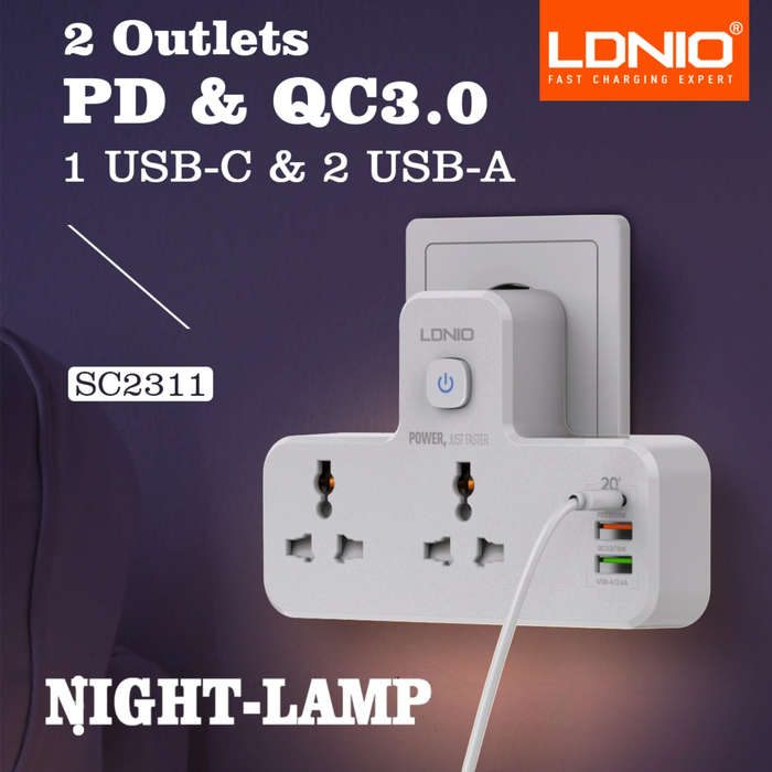 EU Plug - LDNIO SC2311 Power Socket Universal 2 Outlets 20W PD QC3.0 3USB Wall Charger Power Strip A