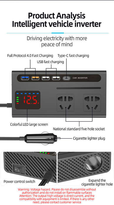 Car Power Inverter with Type-C Charger Car Inverter Charger Type-C Mobile Phone Fast Charging 12V 24