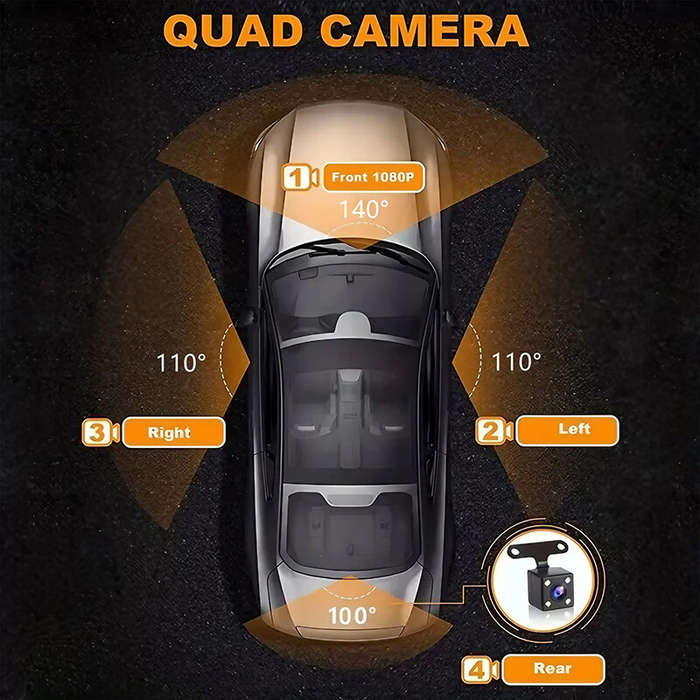 Black - 2Inch IPS Screen Dash Camera 4 Channel 1080P HD Driving Recorder Loop Recording G-Sensor Wid