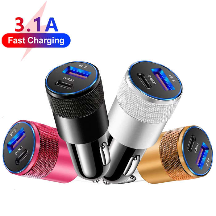 Rose - 3.1A USB Car Charger Type C Fast Charging Phone Adapter Dual-Port Charging For Xiaomi Huawei