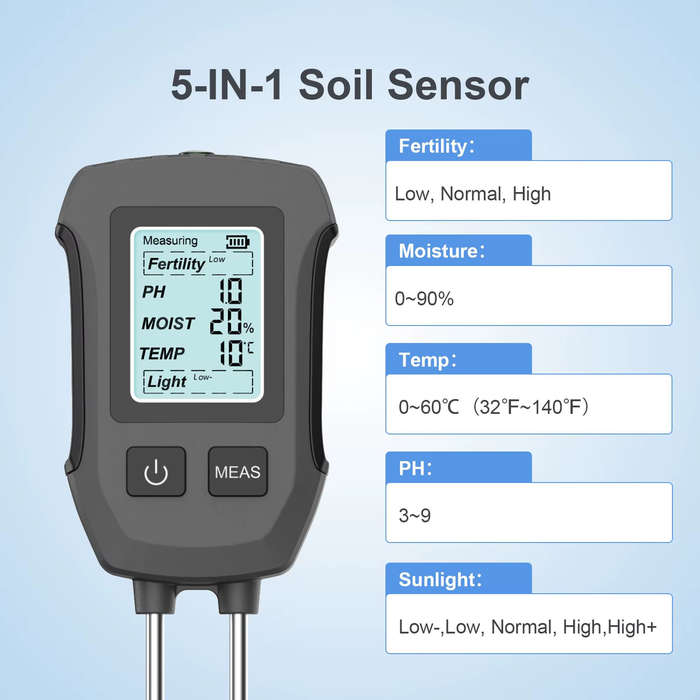 Black - 5 in 1 Soil Tester PH Moisture Temp Fertility Light Sensor Digital LCD Meter Humidity Monito
