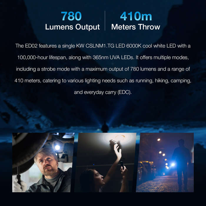 Black - Astrolux ED02 780LM EDC Keychain Flashlight with 365nm UV LEDs 410m Meters Throw Type-C Rech