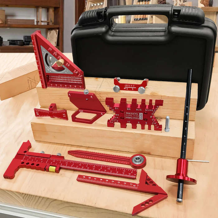 Red - 10pcs Aluminum Alloy Woodworking Square Kit CNC Laser Engraved Multi-Angle Ruler Compass Scrib