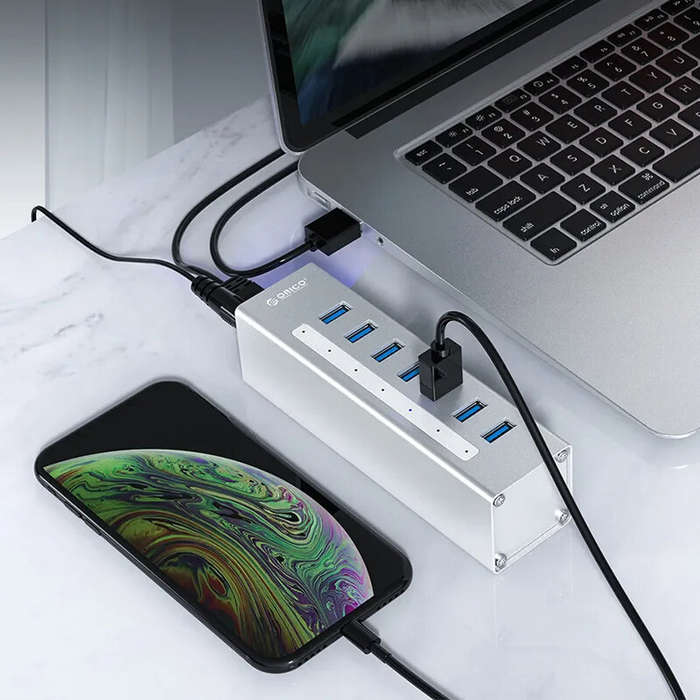 Silver - ORICO A3H 7 In 1 USB 3.0 Hub Docking Station Aluminum USB Splitter with 7USB3.0 for PC Lapt