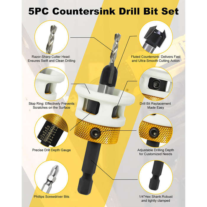 5Pcs - Carbide Tipped Countersink Drill Bits Set Low Friction Depth Stop 1/4" Hex Shank Replaceable