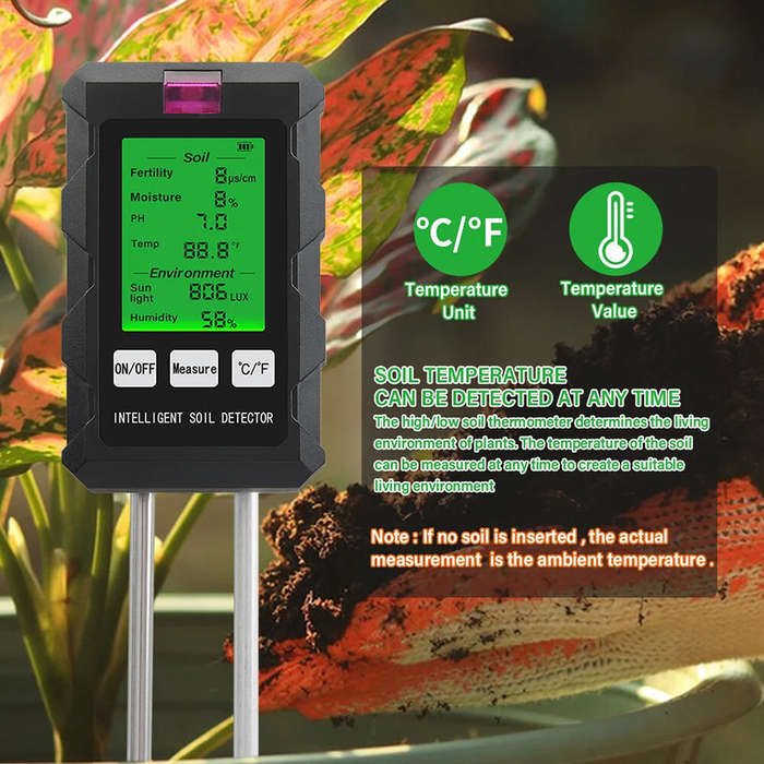 Black - 6 in 1 Digital Soil Tester PH Meter Fertility Soil Moisture Sunlight Ambient Humidity Temper