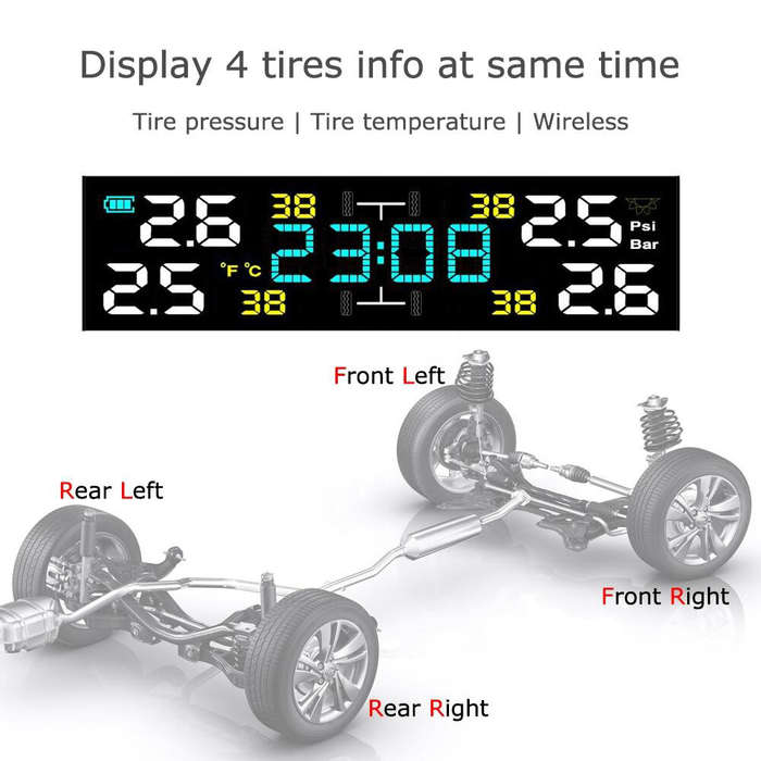 1 - Tire Pressure Monitoring System Solar Clock LCD Display Car TPMS Wireless Tire Pressure Monitori