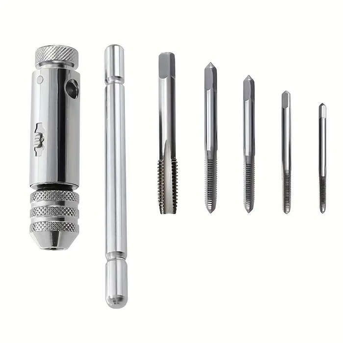 #A - Adjustable T-Handle Ratchet Tap Wrench with 5pcs Metric Tap Set M3-M8 Sturdy Steel Ideal for Me
