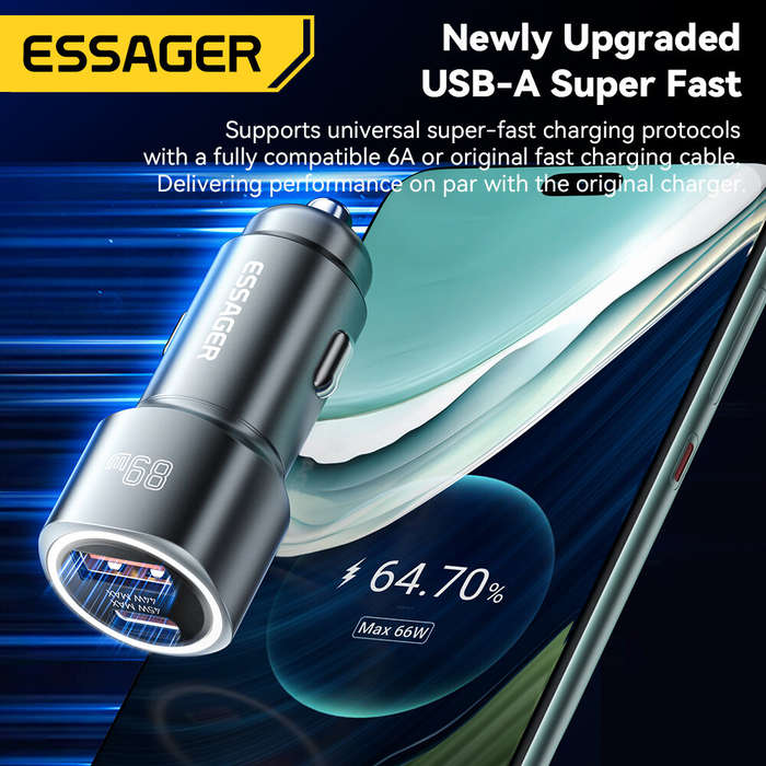 Silver - ESSAGER ES-CC16 89W 2-Port USB PD Car Charger Adapter USB-A+USB-C PD QC3.0 Support FCP SCP