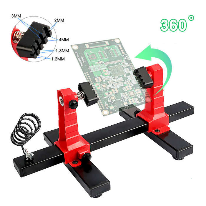 Red - Adjustable 360 Degree Rotation PCB Holder Soldering Iron Stand Spring Loaded Clamps Lightweigh
