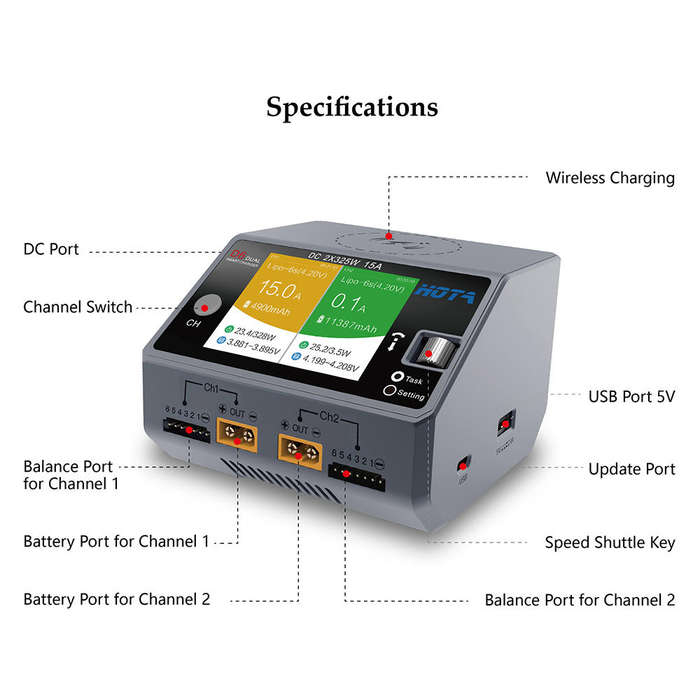 charger - HOTA D6 DC 325W*2 15A*2 Dual Channel LiPo Battery Charger With Wireless Charging for NiZn/