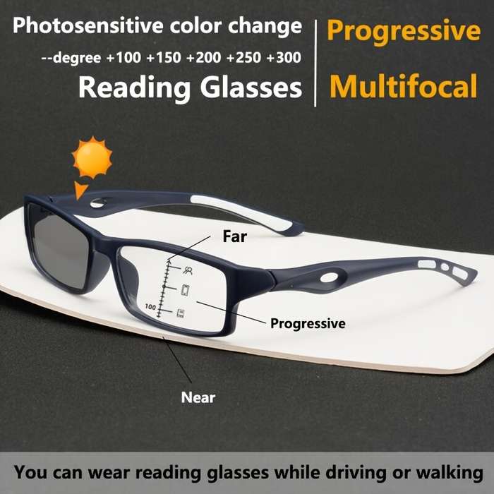 +200 - Progressive Multifocal Photochromic Reading Glasses for Men Women HD Anti-blue Light Near Far