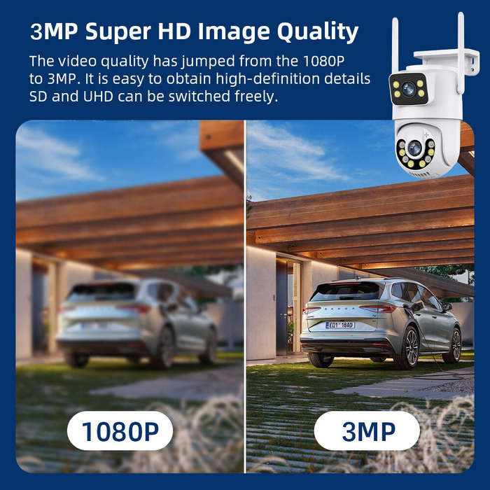 6MP WiFi IP Camera icsee App Dual Lens Outdoor IP66 Waterproof Pan Tilt Audio Night Vision Human Det