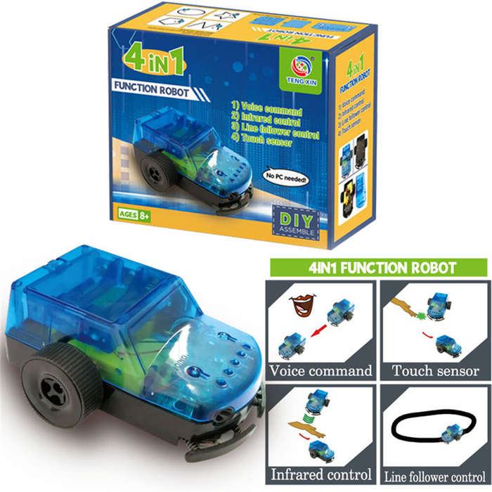 Blue - 4-in-1 DIY Assembled Function Robot Voice Command Infrared Control Educational STEM for Child