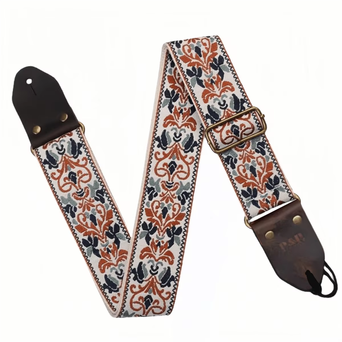 Red & White - Embroidered Soft Vintage Flower Adjustable Creative Cotton Leather Guitar Strap