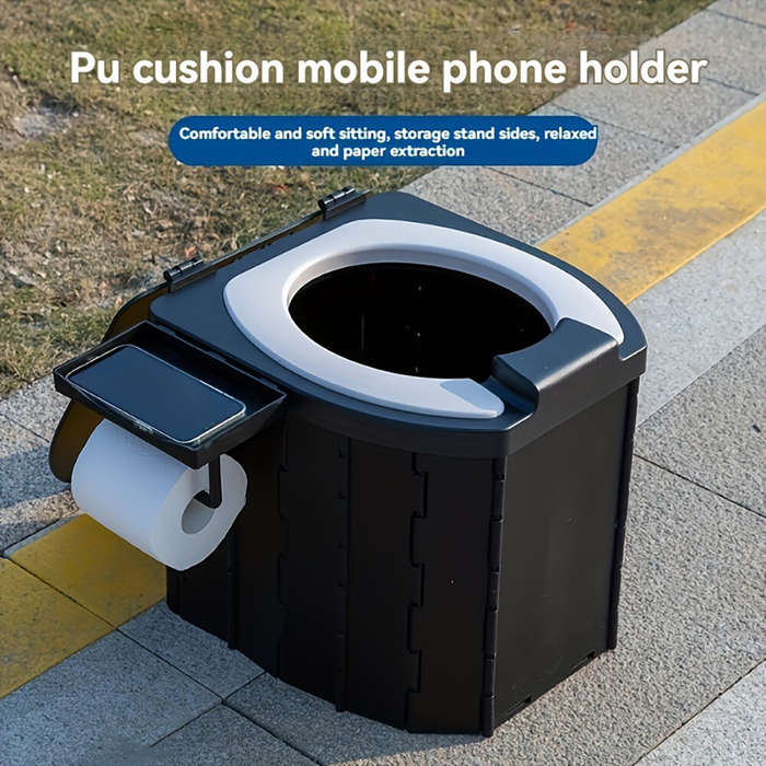 Black - PU Portable Folding Toilet with Cover, Mobile Camping Toilet, Compact Travel Potty for Adult
