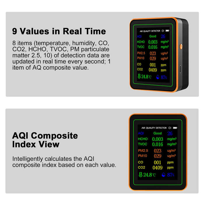White - 10 in 1 Air Quality Monitor PM2.5 PM10 CO CO2 TVOC HCHO AQI Temperature Humidity & Curve Vie