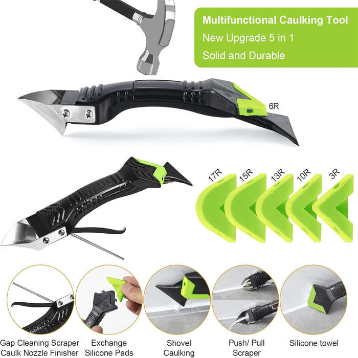 Green - Caulking Tool 5 in 1 Silicone Caulking Grout Removal Sealant Finishing Tool with Grout Scrap