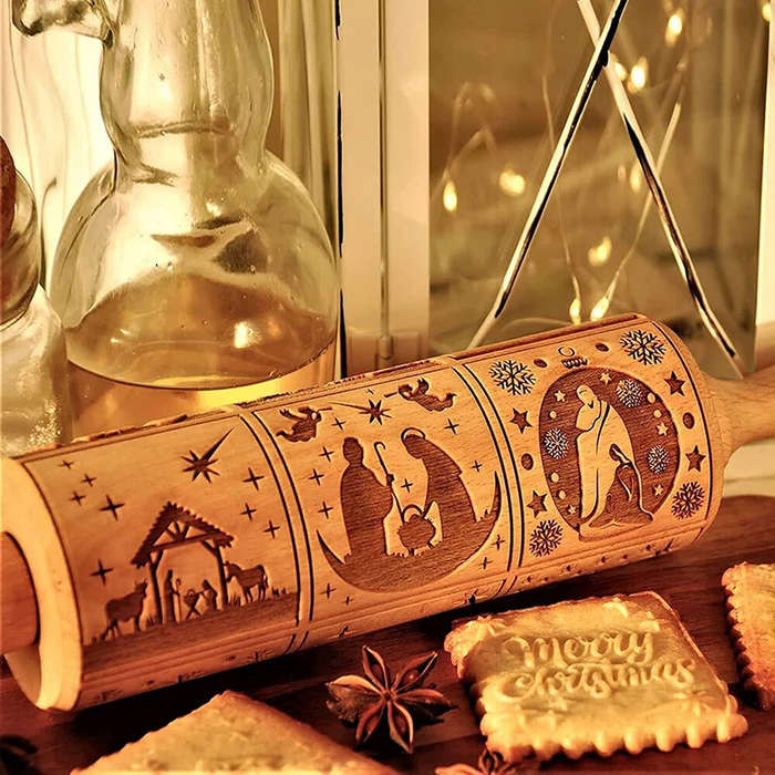 35 - Wooden Embossed Rolling Pin Nativity Pattern Xmas Christmas Wooden Engraved Embossing Rolling P