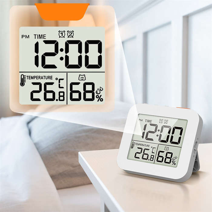 White - Digital Hygrometer Alarm clock Timer Waterproof LCD Display Thermometer Hygrometer Wall Moun