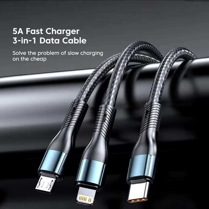 2M - 5A 120W USB-A to Type-C/iP/Micro USB Cable Fast Charging Data Transmission Copper Core Line 1.2