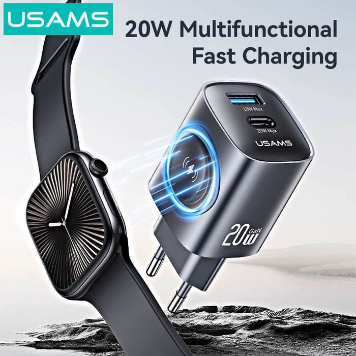 Black - [GaN Tech] USAMS CC293 T67 20W 2-Port USB PD Charger with iWatch Wireless Charging Function