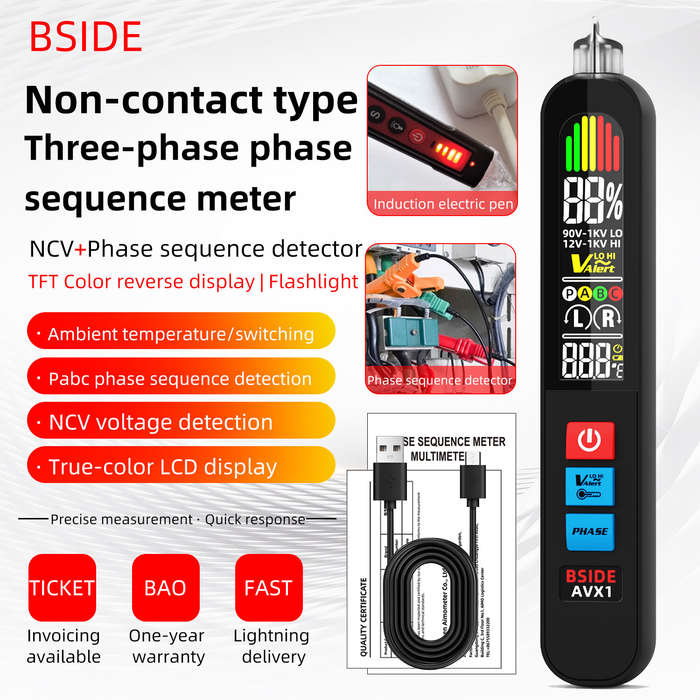 Black - BSIDE AVX1 Non-Contact Phase Sequene Tester LCD Display Voltage Detection Temperature Measur