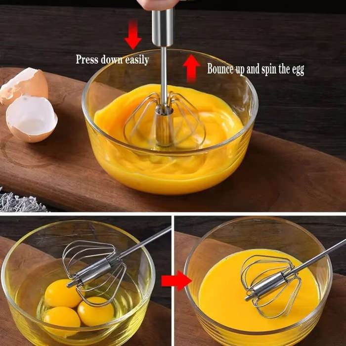 Silver - Stainless Steel Semi-Automatic Egg Beater Press Rotating Egg Beater Stir Bar Household Crea