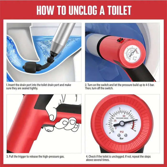 Red - High-Pressure Electric Toilet Plunger Lithium Battery-Powered Drain Unclogger for Bathroom Flo