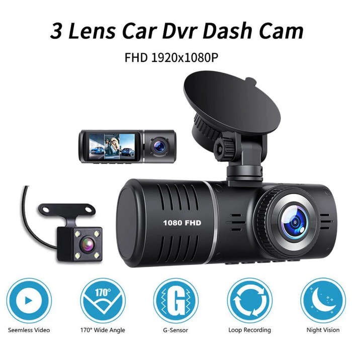 Black - J06 Car DVR 3 Channel HD 1080P 3Lens Inside Vehicle Dash Cam Three Way Camera DVR Recorder V