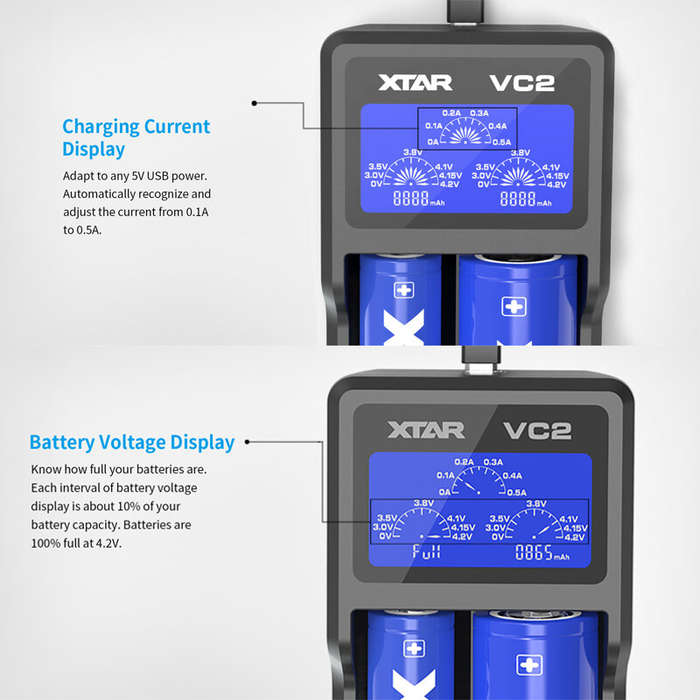 XTAR VC2 18650 Battery Charger Test Batteries Capacity Display USB Charger For 10400-26650 Li-Ion Ba