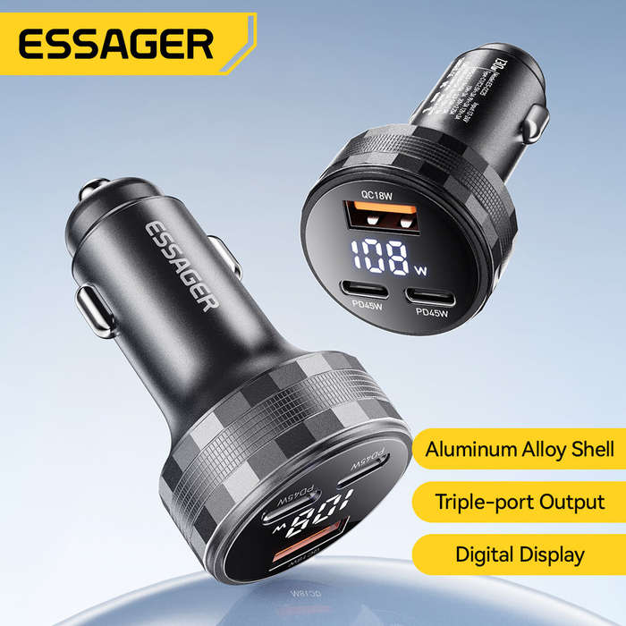 Black - ESSAGER ES-CC25 108W 3-Port USB PD Car Charger Adapter USB-A+2USB-C PD3.0 QC3.0 Support FCP