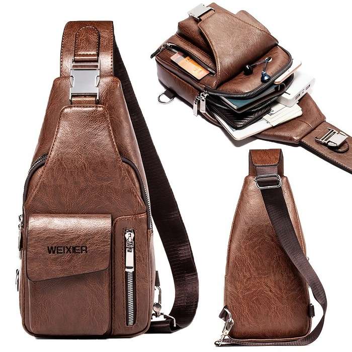 Brown - WEIXIER Men's Casual Chest Bag, Messenger Bag, Men's Bag, Leisure Backpack, Sports Diagonal