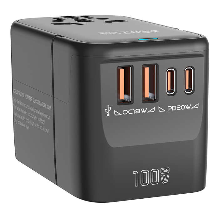 Black - Blitzwolf BW-TA2 5-in-1 Universal Travel Adapter with GaN 100W Fast Charging 2 USB-C 2 USB-A