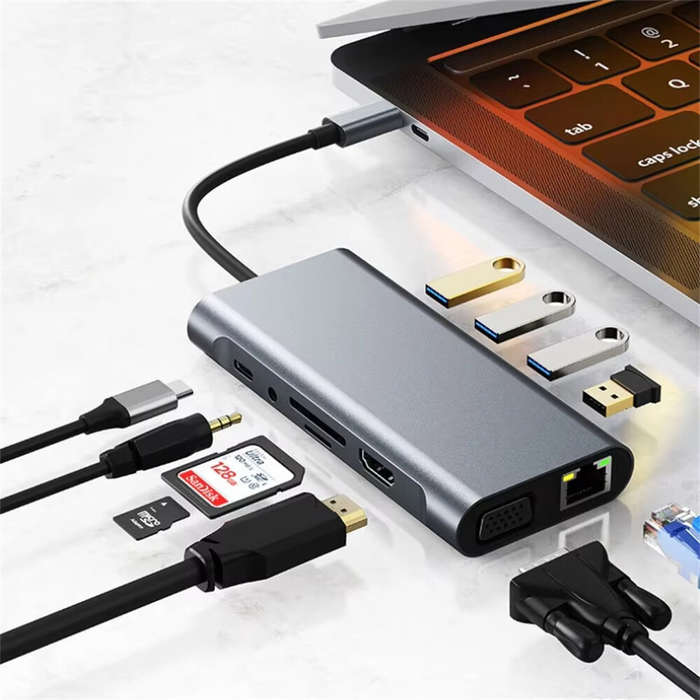 Grey - Bakeey USB-C 11 in 1 Docking Station with 4K@30Hz 1080P VGA 100W PD Charging RJ45 100M SD/TF