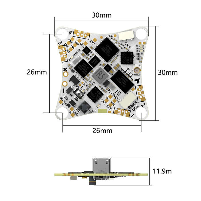 FC+ESC+VTX - 25.5 x25.5mm FLYWOO GOKU F405 ERVT 1S ELRS Flight Controller 5V BEC & 5A 5in1 ESC Built