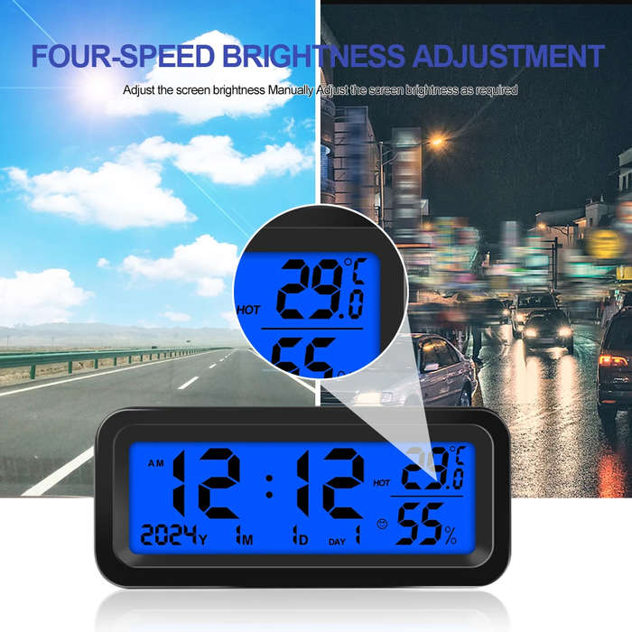 Green - Solar Car Digital Clock Date Week Temperature Humidity LCD Backlit Display for Dashboard Car