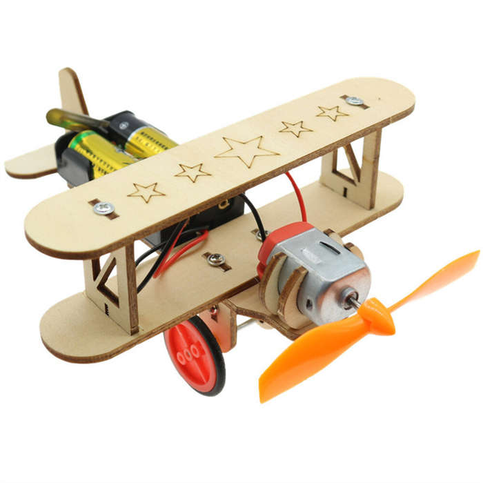 01 - Wooden Electric Biplane Taxiing Aircraft Children's Science Experiment Education Handmade DIY M