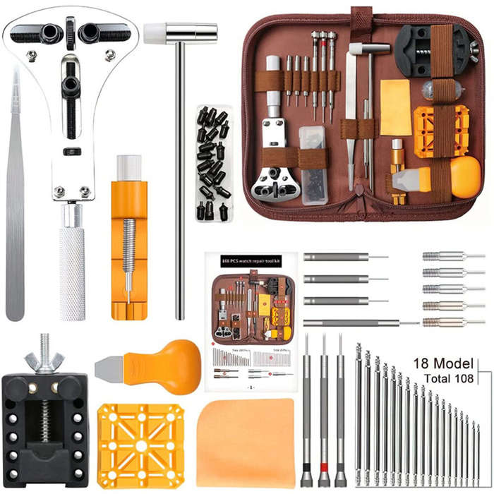 Brown - 168pcs in 1 Watch Repair Kit, Case Remover Opener Bar Set, Watch Strap Link Needle Tool Set