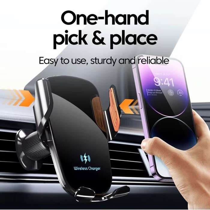 Glass Panel+Logo Lighting - Universal Car Phone Holder Wireless Charging for iPhone 16 15 14 Pro Max