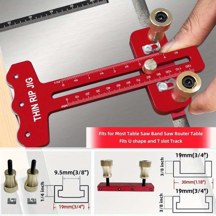 Red - Thin Table Saw Jig Adjustable Aluminum Guide Fits 3/8 x 3/4 U Slot 1/4 x 3/8 T Slot Precision