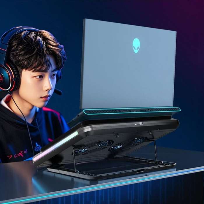 Black - D17 Dual Turbine Laptop Cooling Pad with Adjustable Height and RGB Lighting for 15-21 Inch C
