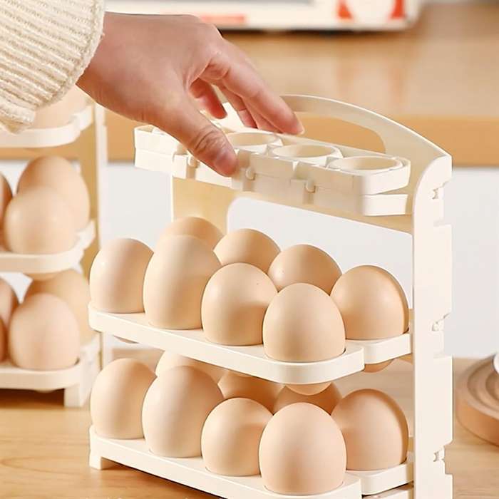 Light Beige - Multi-layer Foldable Anti-drop Egg Organizer Tray with Lid and Handle Egg Holder For R